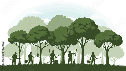 Silhouettes of people engaged in forestry and tree care activities amidst a lush green forest.