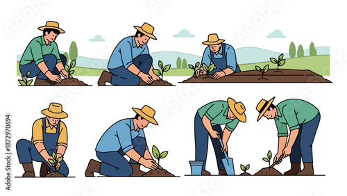 Farmers planting seedlings in a field, illustrating the process of agriculture and cultivation of young plants.