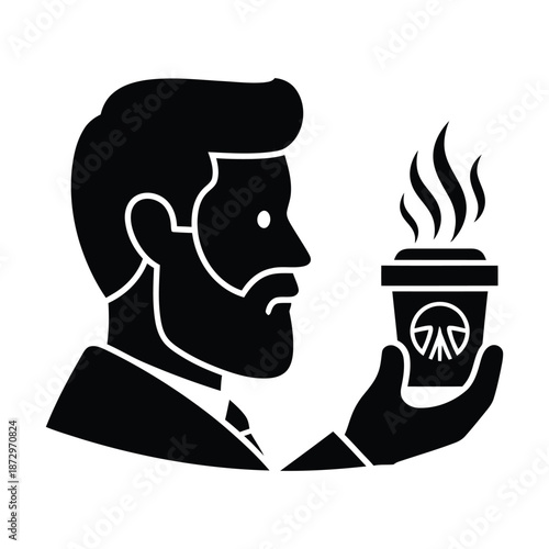 Black silhouette of a man with beard holding a steaming coffee cup vector