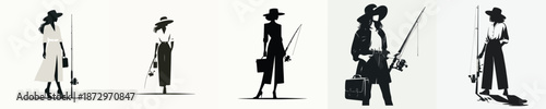 Vector Illustration of a Silhoutte Woman Holding Fishing Equipment