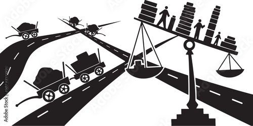 Weighing justice and war in a symbolic road illustration