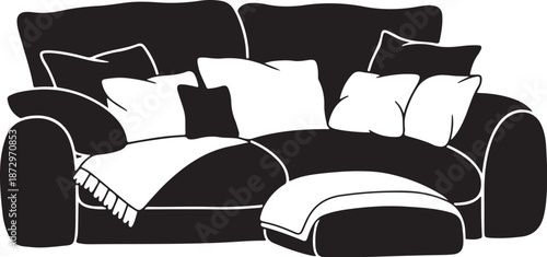 Black and white illustration of a cozy sectional sofa