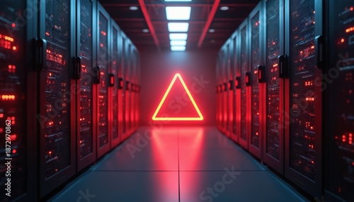 Server room data center corridor with red triangle warning sign. It shows network fault or security breach. Represents data loss or system failure. Ideal for it infrastructure topics.
