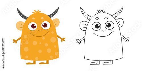 Cute Cartoon Monster with Outline. Funny Orange Fantasy Character. Coloring Page Design. Flat Vector Illustration.