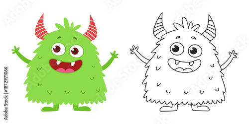 Cute Green Cartoon Monster with Outline. Funny Hairy Fantasy Character for Kids. Coloring Page. Flat Vector Illustration.