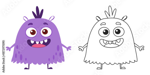 Cute purple cartoon monster character with outline version. Funny fantasy creature for kids. Flat vector illustration isolated on white background.