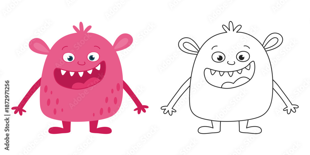 Fototapeta premium Cute Pink Cartoon Monster Character Smiling with Color and Outline Versions. Funny Fantasy Creature for Kids. Vector Illustration Isolated on White Background.