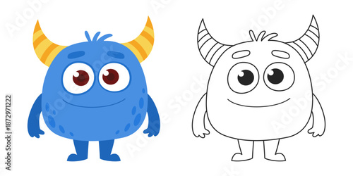 Cute Blue Monster Cartoon Character with Yellow Striped Horns. Friendly Fantasy Creature Vector Illustration and Black Outline Coloring Page. Isolated on White Background.
