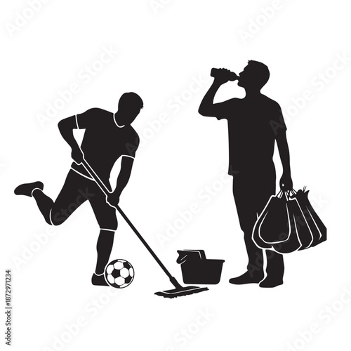 Soccer Player Cleaning with Mop in Simple Silhouette Style with Black and White Color Scheme on White Background for Sports Illustration
