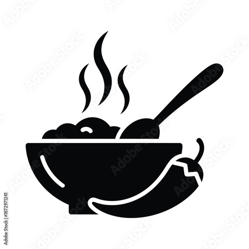 Black silhouette of a steaming bowl of food with chili pepper and spoon vector