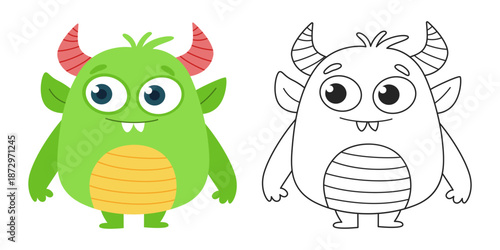 Cute Green Monster Cartoon Character with Red Horns and Striped Belly. Friendly Fantasy Creature Vector Illustration and Black Outline Coloring Page. Isolated on White Background.