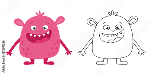 Cute Pink Cartoon Monster Character Smiling with Color and Outline Versions. Funny Fantasy Creature for Kids. Vector Illustration Isolated on White Background.