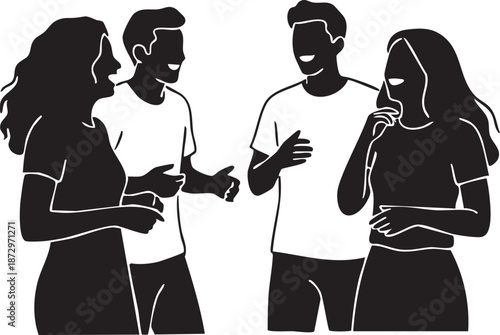 Group of three friends laughing and talking silhouette isolated on white background minimalist social life illustration