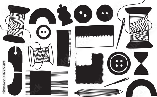 Sewing tools and accessories in black and white illustration style