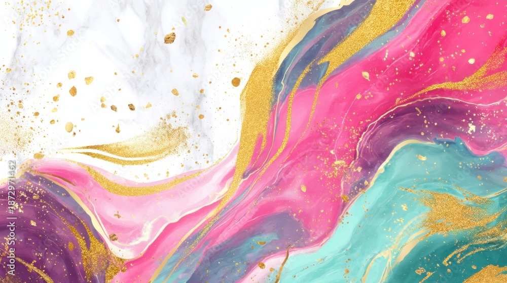 Fototapeta premium Colorful abstract swirl with gold accents and vivid pink and turquoise tones.