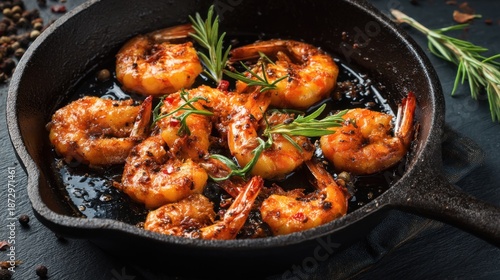 Spicy garlic shrimp with rosemary in cast iron skillet. © mila103