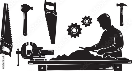 Silhouette of a man working with tools and machinery