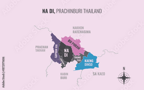 Map showing Na Di District Prachinburi Thailand divided into sub districts with minimalist colorful patterns