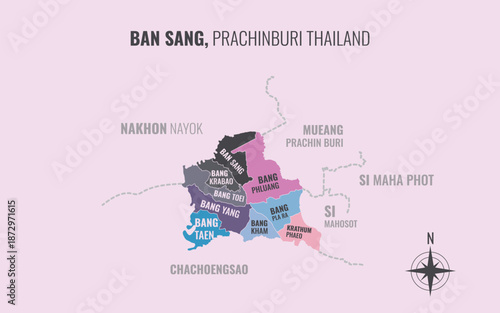 Map showing Ban Sang District Prachinburi Thailand divided into sub districts with minimalist colorful patterns