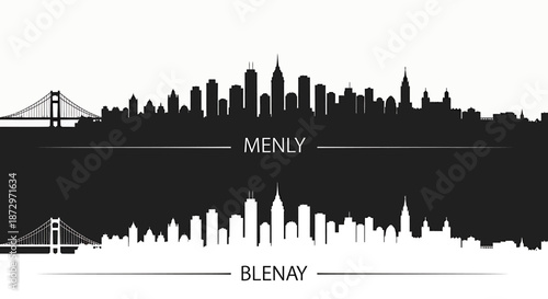 Black and white cityscape silhouette with reflection and text.