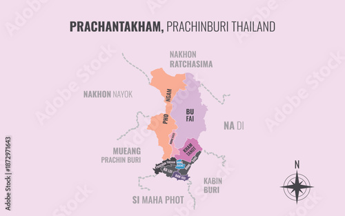 Map showing Prachantakham District Prachinburi Thailand divided into sub districts with minimalist colorful patterns