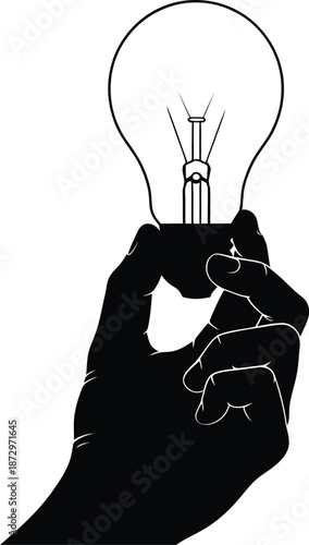 Silhouette of a hand grasping a glowing incandescent light bulb symbolizing a brilliant new idea or sudden moment of innovation against a clean white background