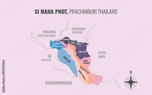 Map showing Si Maha Phot District Prachinburi Thailand divided into sub districts with minimalist colorful patterns