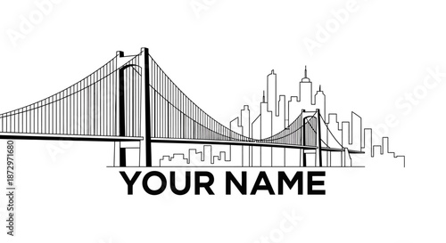 Black and white line art drawing of a suspension bridge with a city skyline.