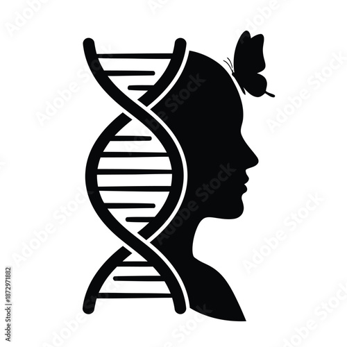 Black silhouette profile human head with D N A helix and butterfly vector