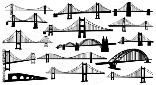 Collection of Hand-Drawn Bridge Silhouettes on White Background.