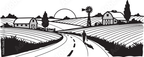 A serene rural landscape with a winding road and farm