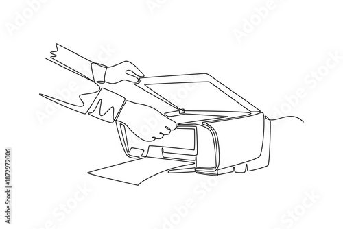 Man copying and scanning documents. Banking Activity concept. Single line draw design. Vector graphic illustration