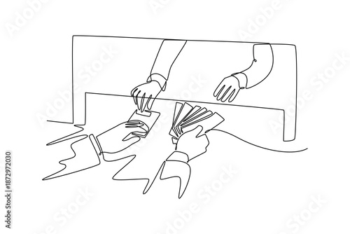 Man giving money to teller at cash department window. Banking Activity concept. Single line draw design. Vector graphic illustration