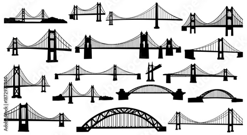 Collection of various bridge silhouettes showcasing architectural designs and structures.