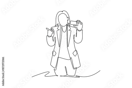 young office girl cheerful hand thumbs up okay sign and hold debit credit card member. Banking Activity concept. Single line draw design. Vector graphic illustration