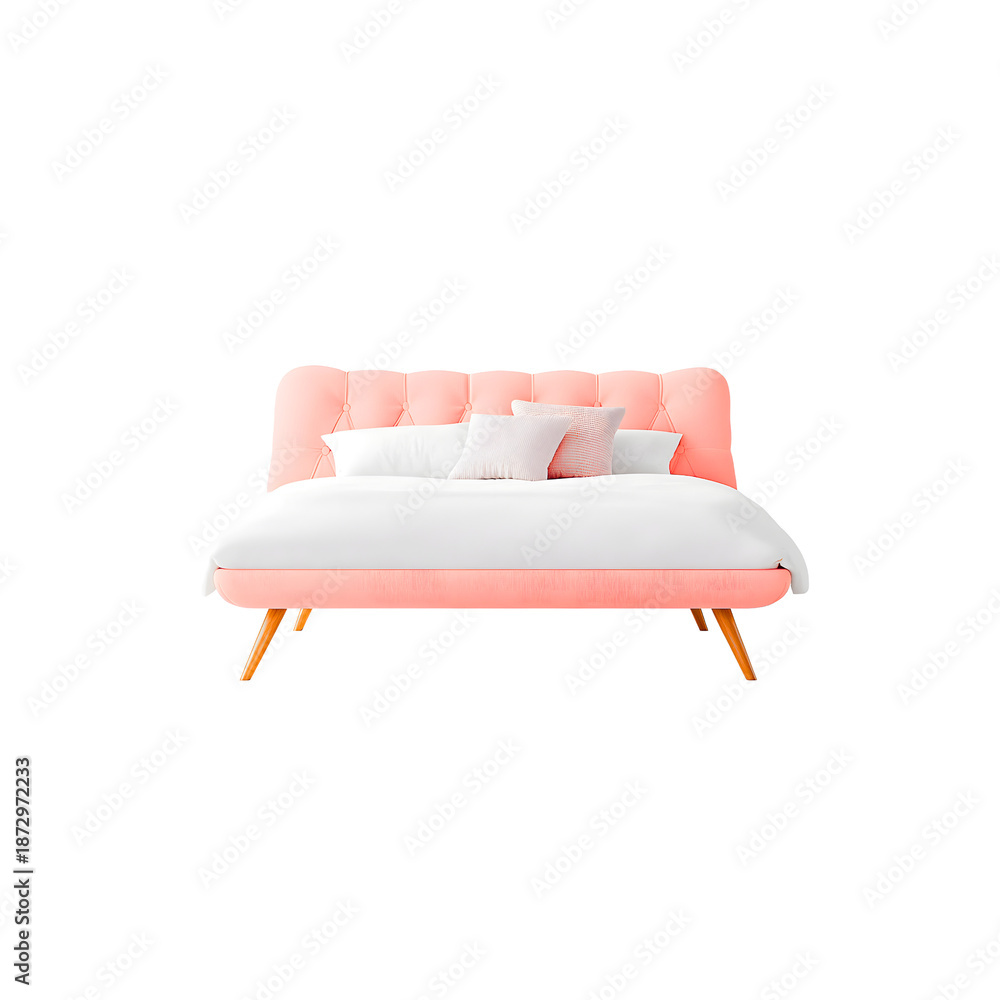 Fototapeta premium 3D Modern Pink Tufted Bed with White Bedding and Mid-Century Wooden Legs