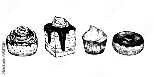 Vector set of isolated sketch illustrations of buns and pastries. Hand-drawn Cinnabon breakfast buns, cupcakes, cake slices, and pastries. Realistic pastry illustrations on a white background.
