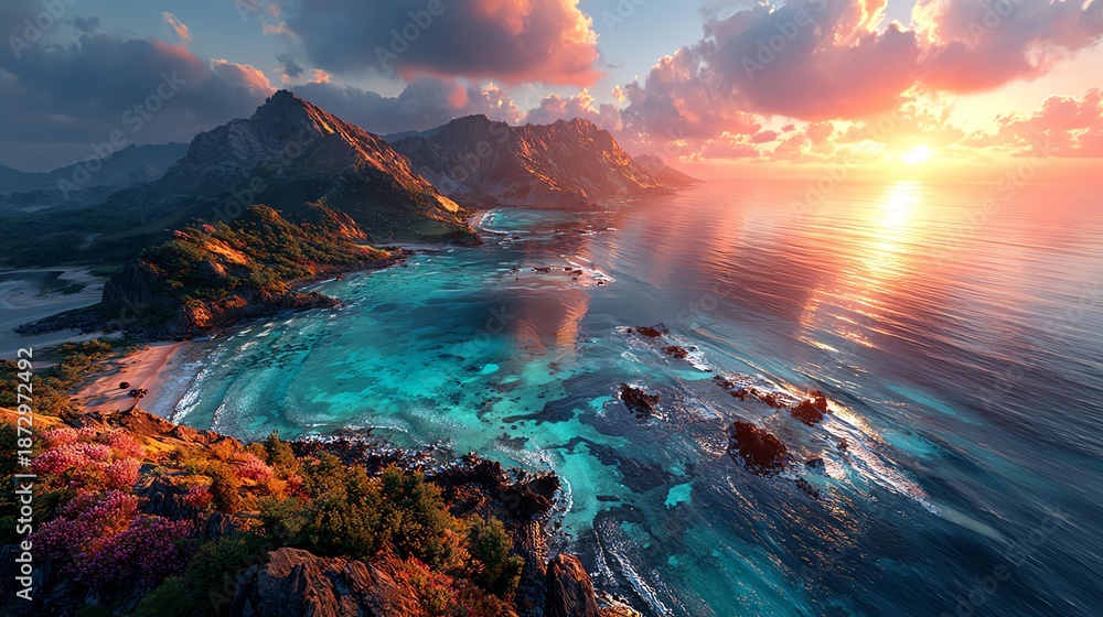 Naklejka premium Breathtaking coastal landscape at sunset with vibrant colors.