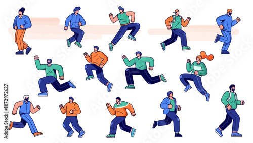 A diverse group of people of various ages and genders depicted in dynamic running poses, illustrating movement and activity.