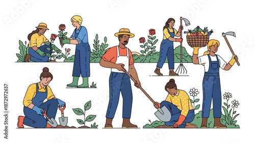 Diverse group of people actively engaged in gardening activities, planting, tending to flowers, and harvesting produce.