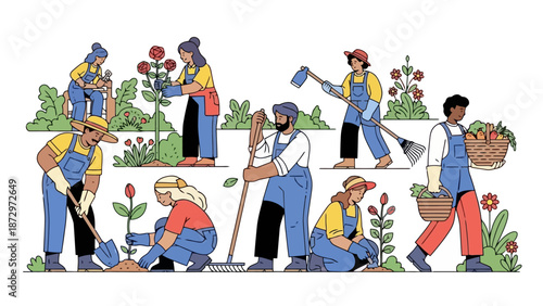 Diverse group of people actively engaged in gardening activities, planting, weeding, and harvesting in a vibrant garden setting.