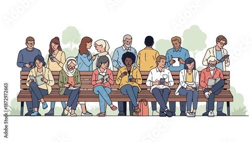 A diverse group of people of various ages and ethnicities are sitting and standing on a park bench, many engaged with their phones or books.