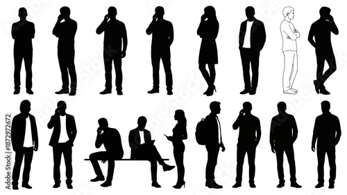 Collection of diverse human silhouettes in various poses, some using mobile phones, others standing or sitting, presented in black and white.