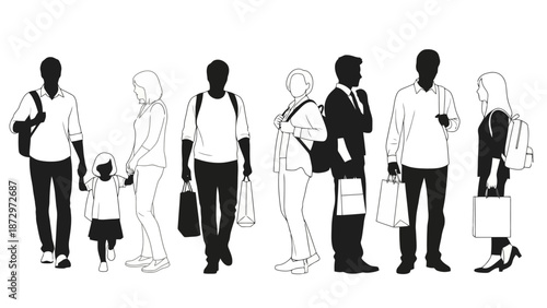 A diverse group of people of various ages and genders are depicted in a stylized black and white illustration, some carrying shopping bags.