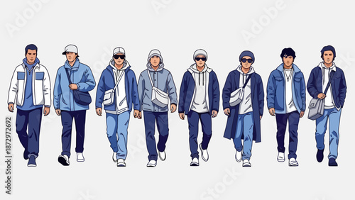 A diverse group of men showcasing various casual streetwear outfits with a focus on blue and white color palettes.