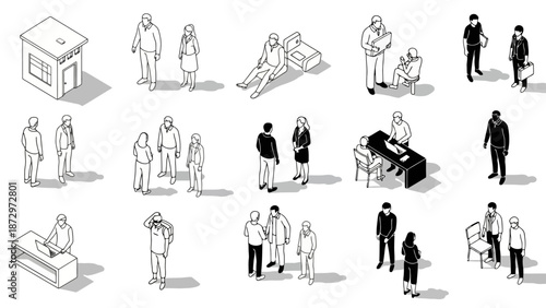 Isometric illustration of various people in different social and professional settings, including a small building.