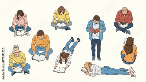 A diverse group of people are depicted in various relaxed and engaged poses while reading books, illustrating different ways individuals interact with literature.