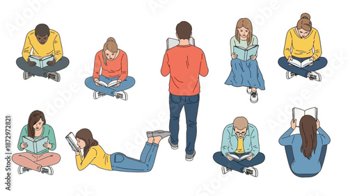 A diverse group of people are shown reading books in various seated and lying down positions.