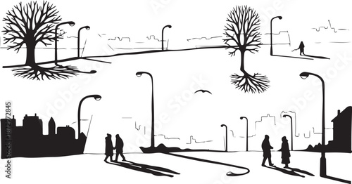 City park scene with people walking in black silhouette style