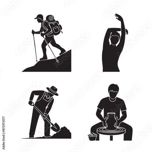 Craftsman at work in various professions in black silhouette on white background for graphic design